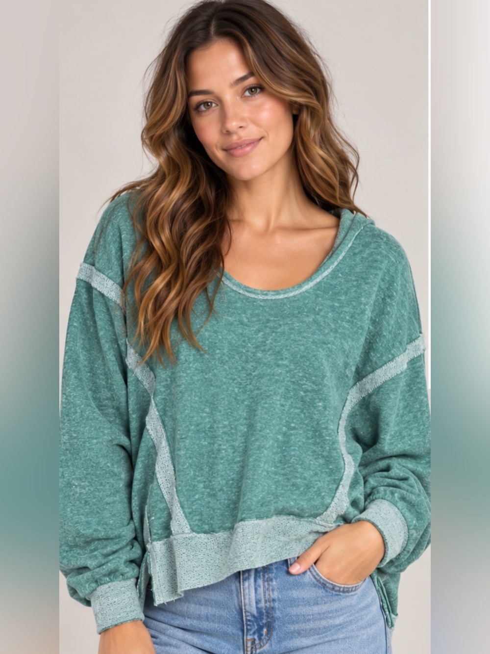Zenana Green Mineral Wash Oversized Exposed Seam Hoodie Sweatshirt